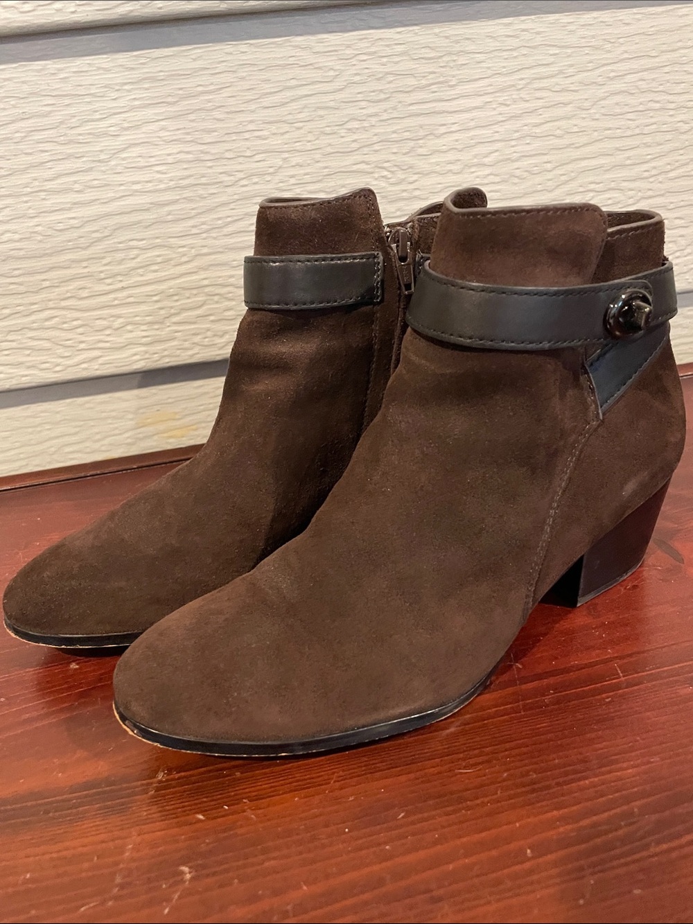 Coach Dark Brown Suede Ankle Booties with Leather Strap